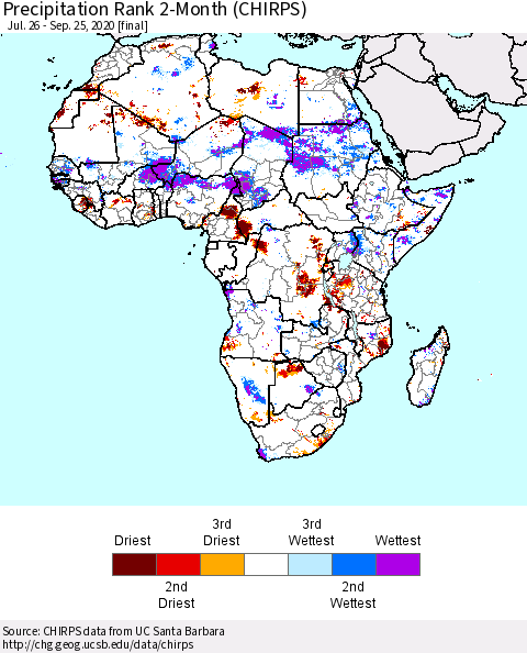 Africa Precipitation Rank 2-Month (CHIRPS) Thematic Map For 7/26/2020 - 9/25/2020