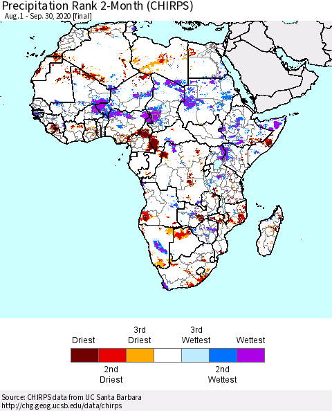 Africa Precipitation Rank 2-Month (CHIRPS) Thematic Map For 8/1/2020 - 9/30/2020