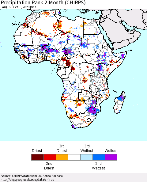 Africa Precipitation Rank 2-Month (CHIRPS) Thematic Map For 8/6/2020 - 10/5/2020