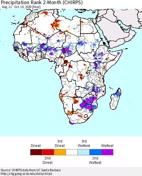 Africa Precipitation Rank 2-Month (CHIRPS) Thematic Map For 8/11/2020 - 10/10/2020