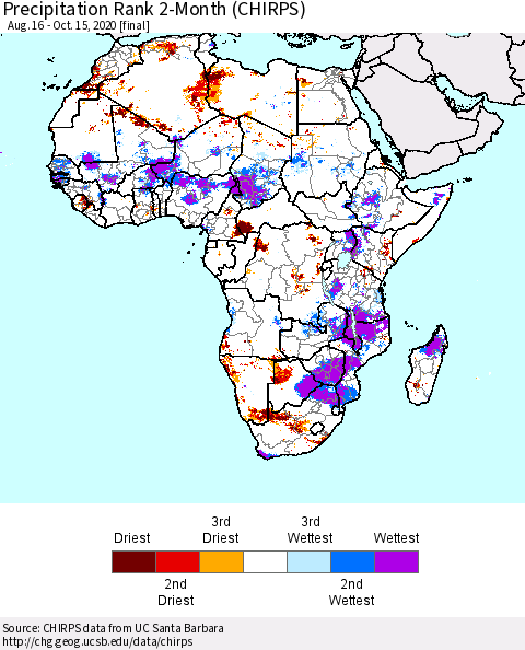 Africa Precipitation Rank 2-Month (CHIRPS) Thematic Map For 8/16/2020 - 10/15/2020