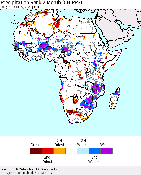 Africa Precipitation Rank 2-Month (CHIRPS) Thematic Map For 8/21/2020 - 10/20/2020