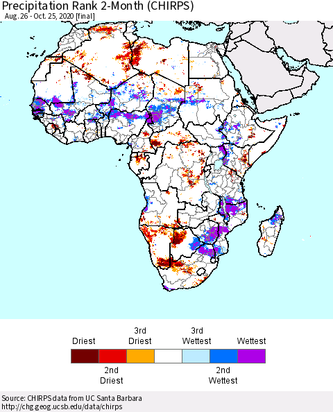 Africa Precipitation Rank 2-Month (CHIRPS) Thematic Map For 8/26/2020 - 10/25/2020