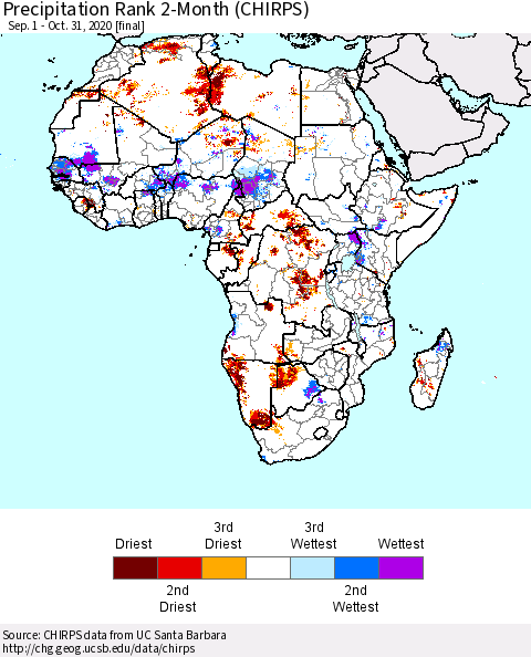 Africa Precipitation Rank 2-Month (CHIRPS) Thematic Map For 9/1/2020 - 10/31/2020