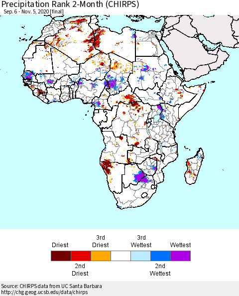 Africa Precipitation Rank 2-Month (CHIRPS) Thematic Map For 9/6/2020 - 11/5/2020