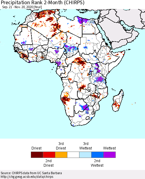 Africa Precipitation Rank 2-Month (CHIRPS) Thematic Map For 9/21/2020 - 11/20/2020