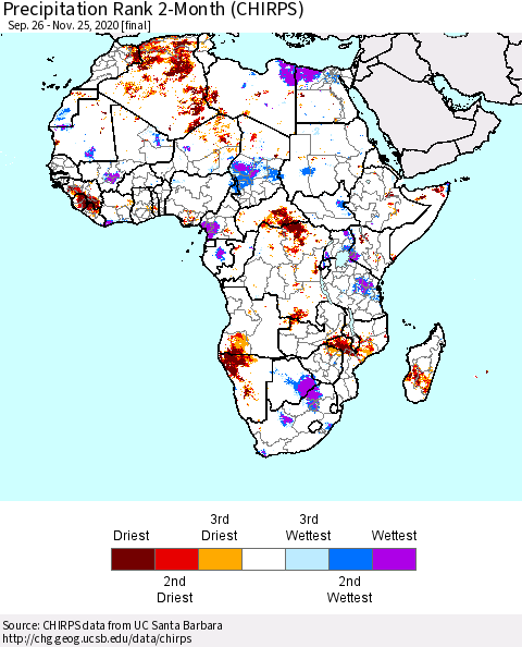 Africa Precipitation Rank 2-Month (CHIRPS) Thematic Map For 9/26/2020 - 11/25/2020