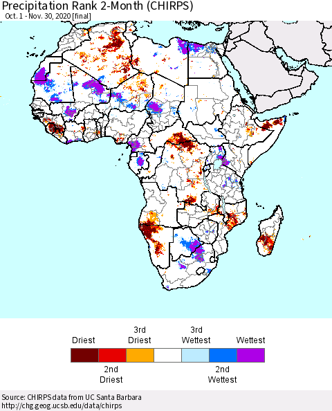 Africa Precipitation Rank 2-Month (CHIRPS) Thematic Map For 10/1/2020 - 11/30/2020
