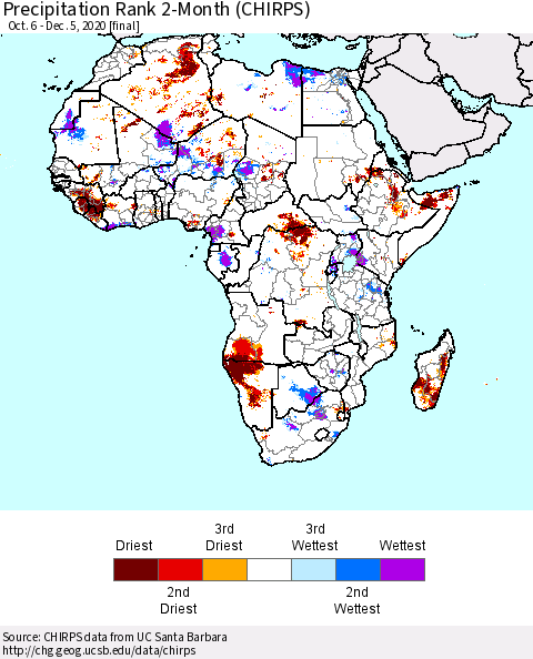 Africa Precipitation Rank 2-Month (CHIRPS) Thematic Map For 10/6/2020 - 12/5/2020