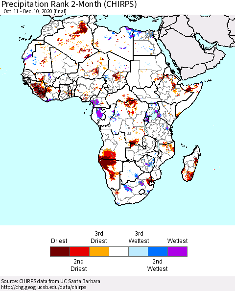 Africa Precipitation Rank since 1981, 2-Month (CHIRPS) Thematic Map For 10/11/2020 - 12/10/2020