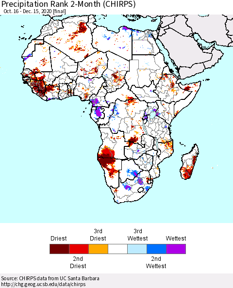 Africa Precipitation Rank since 1981, 2-Month (CHIRPS) Thematic Map For 10/16/2020 - 12/15/2020