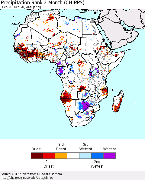 Africa Precipitation Rank 2-Month (CHIRPS) Thematic Map For 10/21/2020 - 12/20/2020