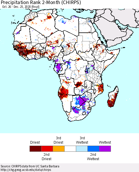 Africa Precipitation Rank since 1981, 2-Month (CHIRPS) Thematic Map For 10/26/2020 - 12/25/2020