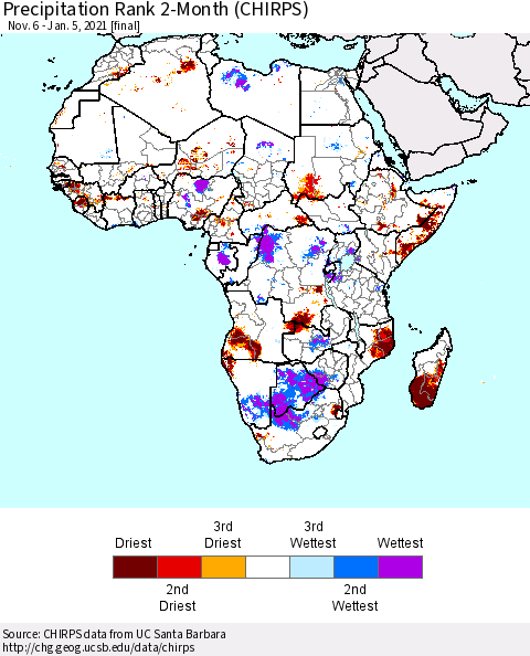 Africa Precipitation Rank 2-Month (CHIRPS) Thematic Map For 11/6/2020 - 1/5/2021