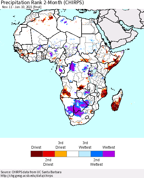 Africa Precipitation Rank 2-Month (CHIRPS) Thematic Map For 11/11/2020 - 1/10/2021