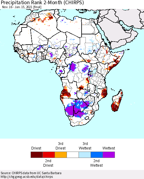 Africa Precipitation Rank 2-Month (CHIRPS) Thematic Map For 11/16/2020 - 1/15/2021