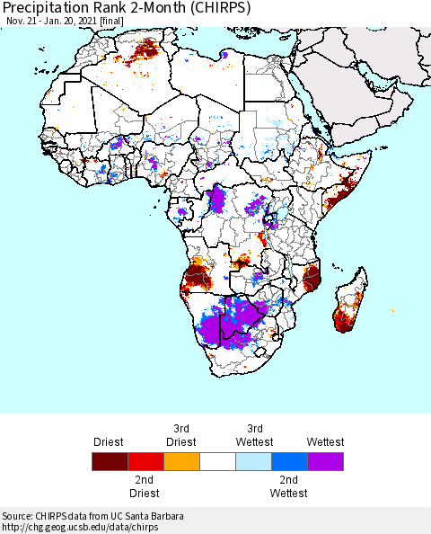 Africa Precipitation Rank 2-Month (CHIRPS) Thematic Map For 11/21/2020 - 1/20/2021