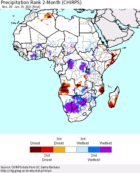 Africa Precipitation Rank since 1981, 2-Month (CHIRPS) Thematic Map For 11/26/2020 - 1/25/2021