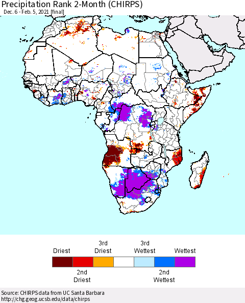 Africa Precipitation Rank 2-Month (CHIRPS) Thematic Map For 12/6/2020 - 2/5/2021