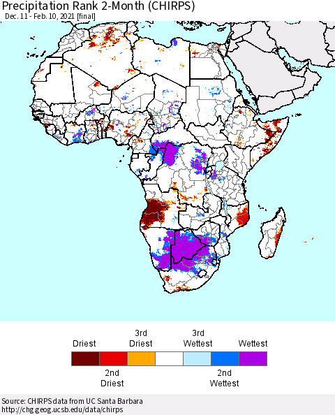 Africa Precipitation Rank 2-Month (CHIRPS) Thematic Map For 12/11/2020 - 2/10/2021