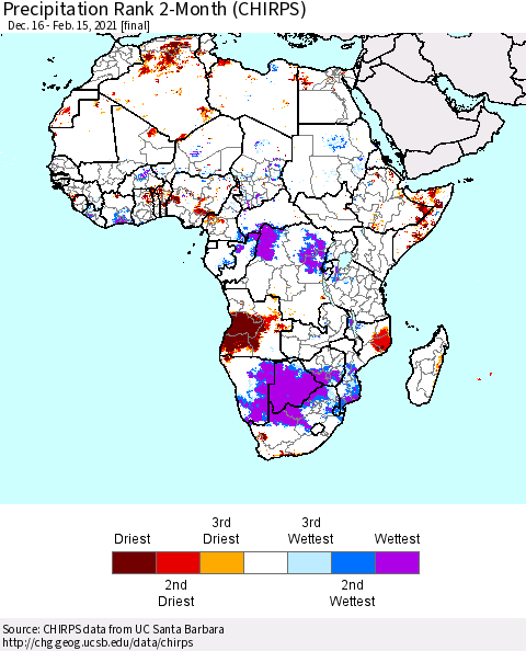 Africa Precipitation Rank 2-Month (CHIRPS) Thematic Map For 12/16/2020 - 2/15/2021