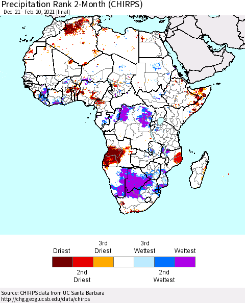 Africa Precipitation Rank 2-Month (CHIRPS) Thematic Map For 12/21/2020 - 2/20/2021