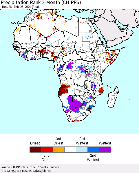 Africa Precipitation Rank since 1981, 2-Month (CHIRPS) Thematic Map For 12/26/2020 - 2/25/2021