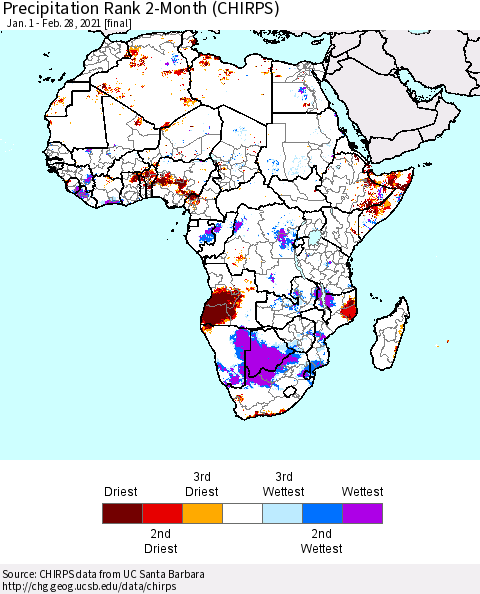 Africa Precipitation Rank 2-Month (CHIRPS) Thematic Map For 1/1/2021 - 2/28/2021