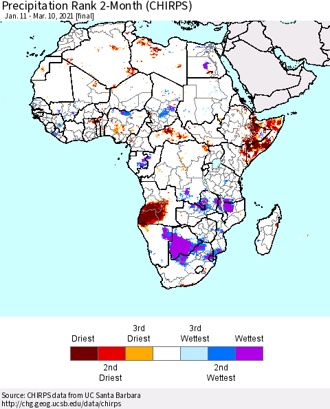Africa Precipitation Rank 2-Month (CHIRPS) Thematic Map For 1/11/2021 - 3/10/2021