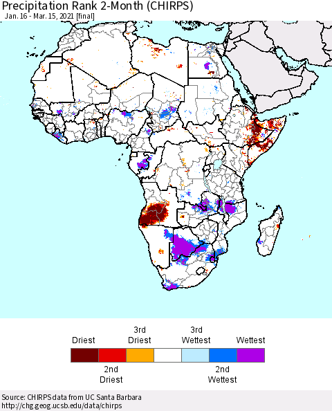 Africa Precipitation Rank 2-Month (CHIRPS) Thematic Map For 1/16/2021 - 3/15/2021