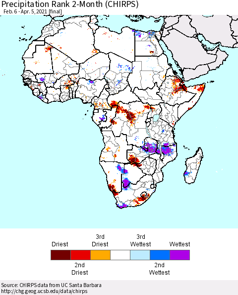 Africa Precipitation Rank 2-Month (CHIRPS) Thematic Map For 2/6/2021 - 4/5/2021