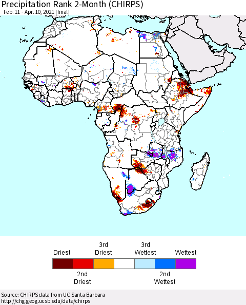 Africa Precipitation Rank since 1981, 2-Month (CHIRPS) Thematic Map For 2/11/2021 - 4/10/2021