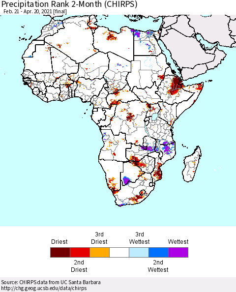 Africa Precipitation Rank 2-Month (CHIRPS) Thematic Map For 2/21/2021 - 4/20/2021