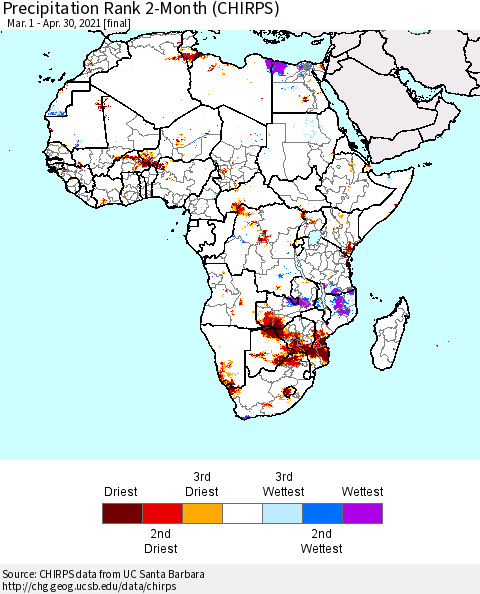 Africa Precipitation Rank 2-Month (CHIRPS) Thematic Map For 3/1/2021 - 4/30/2021