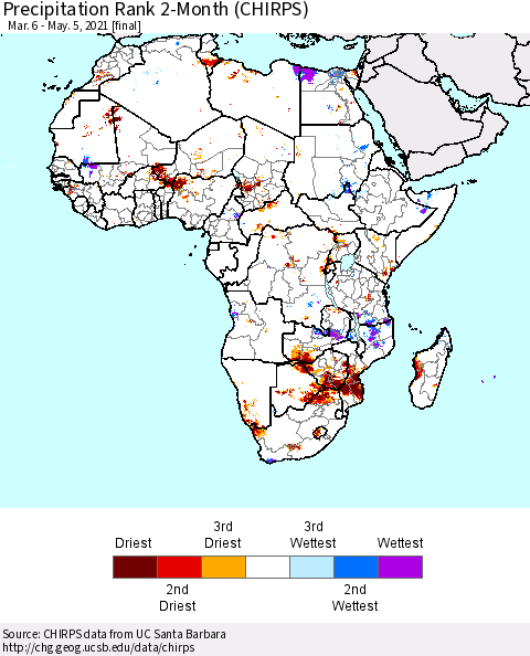 Africa Precipitation Rank 2-Month (CHIRPS) Thematic Map For 3/6/2021 - 5/5/2021