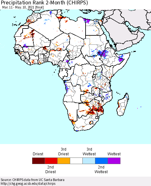 Africa Precipitation Rank 2-Month (CHIRPS) Thematic Map For 3/11/2021 - 5/10/2021