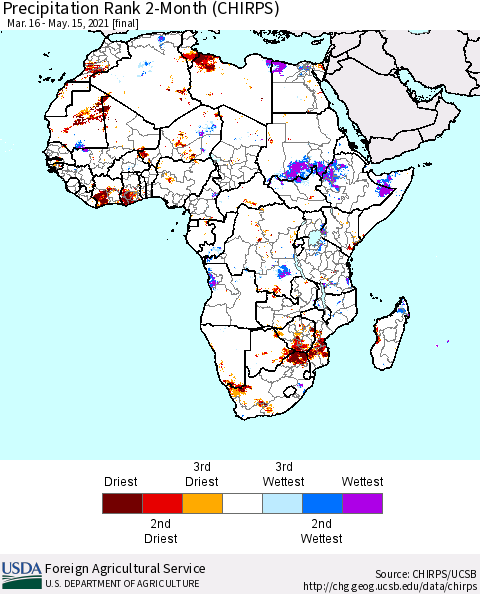 Africa Precipitation Rank since 1981, 2-Month (CHIRPS) Thematic Map For 3/16/2021 - 5/15/2021