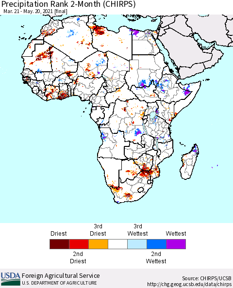 Africa Precipitation Rank 2-Month (CHIRPS) Thematic Map For 3/21/2021 - 5/20/2021