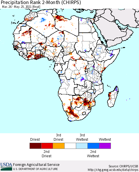 Africa Precipitation Rank since 1981, 2-Month (CHIRPS) Thematic Map For 3/26/2021 - 5/25/2021