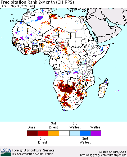 Africa Precipitation Rank 2-Month (CHIRPS) Thematic Map For 4/1/2021 - 5/31/2021