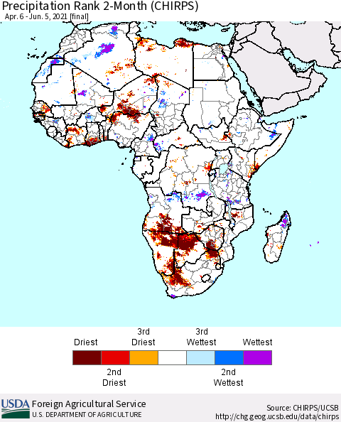 Africa Precipitation Rank since 1981, 2-Month (CHIRPS) Thematic Map For 4/6/2021 - 6/5/2021