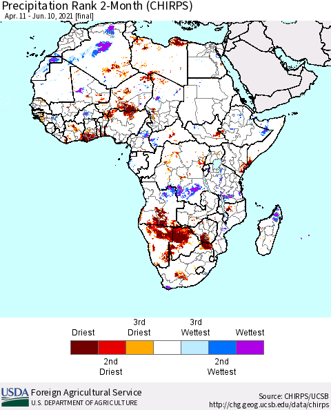 Africa Precipitation Rank 2-Month (CHIRPS) Thematic Map For 4/11/2021 - 6/10/2021