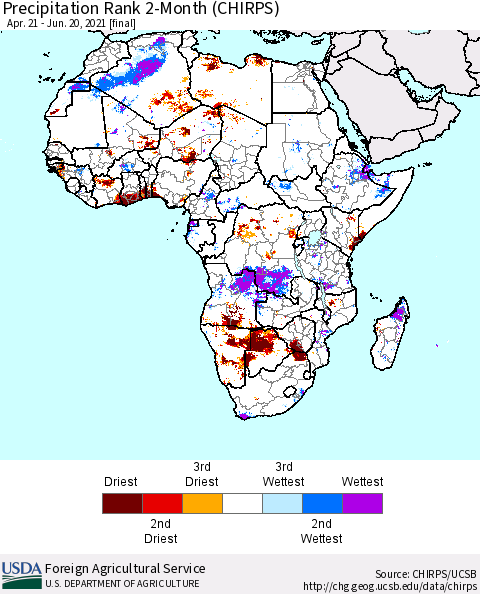 Africa Precipitation Rank 2-Month (CHIRPS) Thematic Map For 4/21/2021 - 6/20/2021