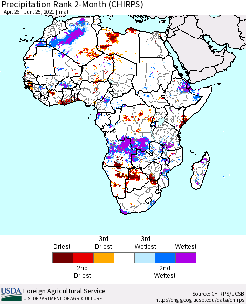 Africa Precipitation Rank 2-Month (CHIRPS) Thematic Map For 4/26/2021 - 6/25/2021