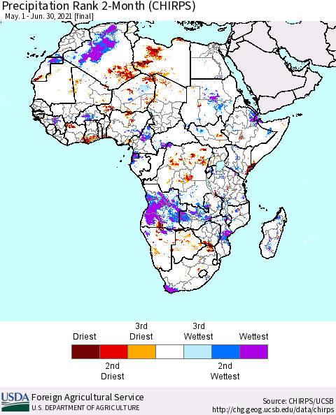 Africa Precipitation Rank since 1981, 2-Month (CHIRPS) Thematic Map For 5/1/2021 - 6/30/2021