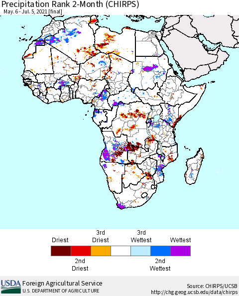 Africa Precipitation Rank since 1981, 2-Month (CHIRPS) Thematic Map For 5/6/2021 - 7/5/2021