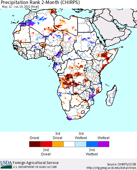 Africa Precipitation Rank 2-Month (CHIRPS) Thematic Map For 5/11/2021 - 7/10/2021