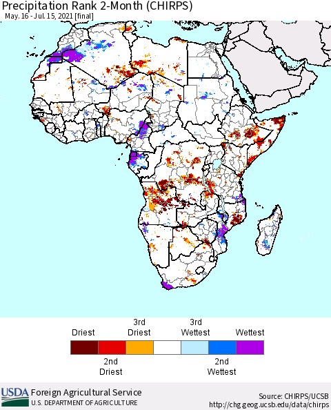 Africa Precipitation Rank since 1981, 2-Month (CHIRPS) Thematic Map For 5/16/2021 - 7/15/2021