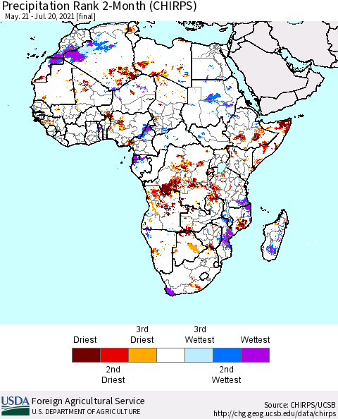 Africa Precipitation Rank 2-Month (CHIRPS) Thematic Map For 5/21/2021 - 7/20/2021