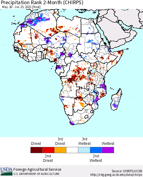 Africa Precipitation Rank 2-Month (CHIRPS) Thematic Map For 5/26/2021 - 7/25/2021